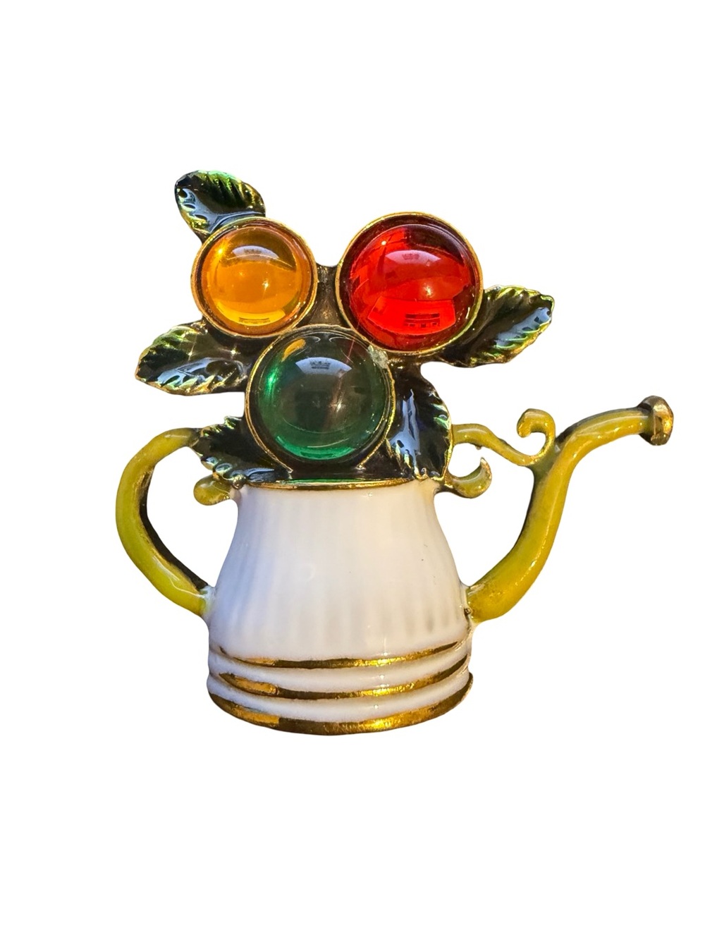Decorative Teapot Brooch with Red, Amber, and Green Accents